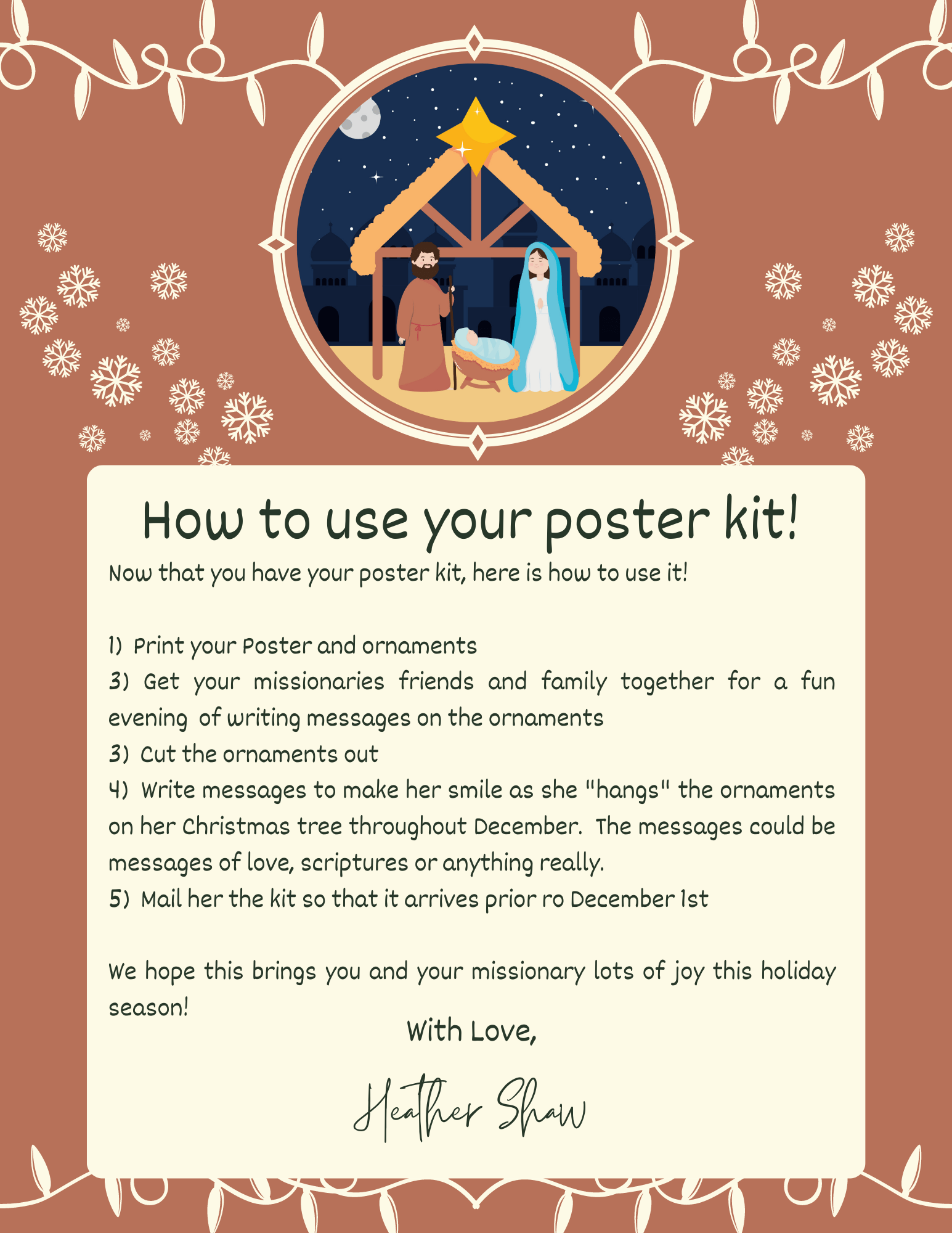 Free Missionary Christmas Tree Poster Printable with ornaments - Bee The Light